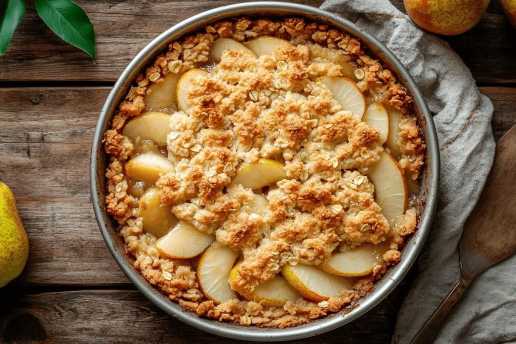 5 ingrédients suffisent pour le crumble aux poires le plus croustillant.
