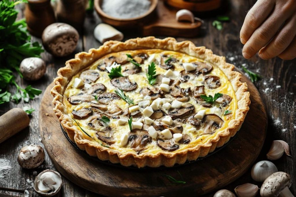 6 ingrédients suffisent pour la quiche aux champignons la plus parfumée.
