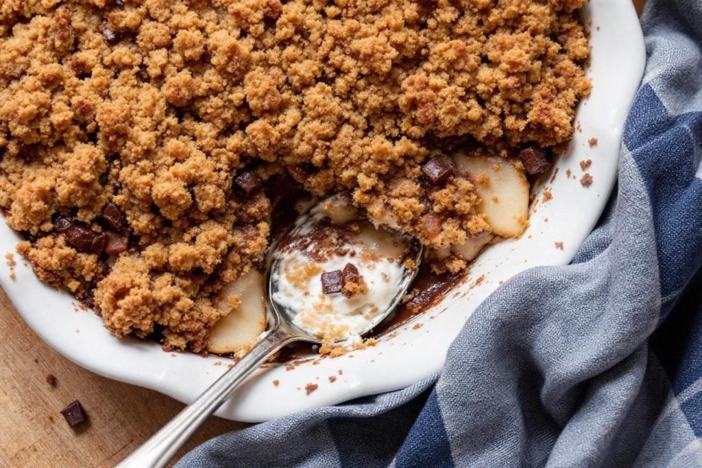 Un vrai câlin en bouche : ce crumble aux poires et au chocolat met tout le monde d’accord