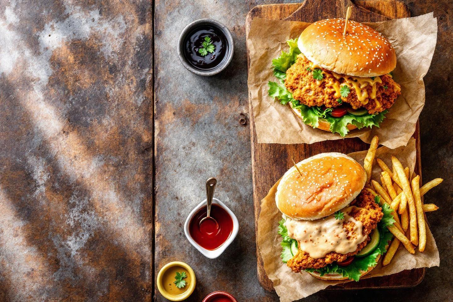 Deux burgers croustillants avec des frites sur planche en bois