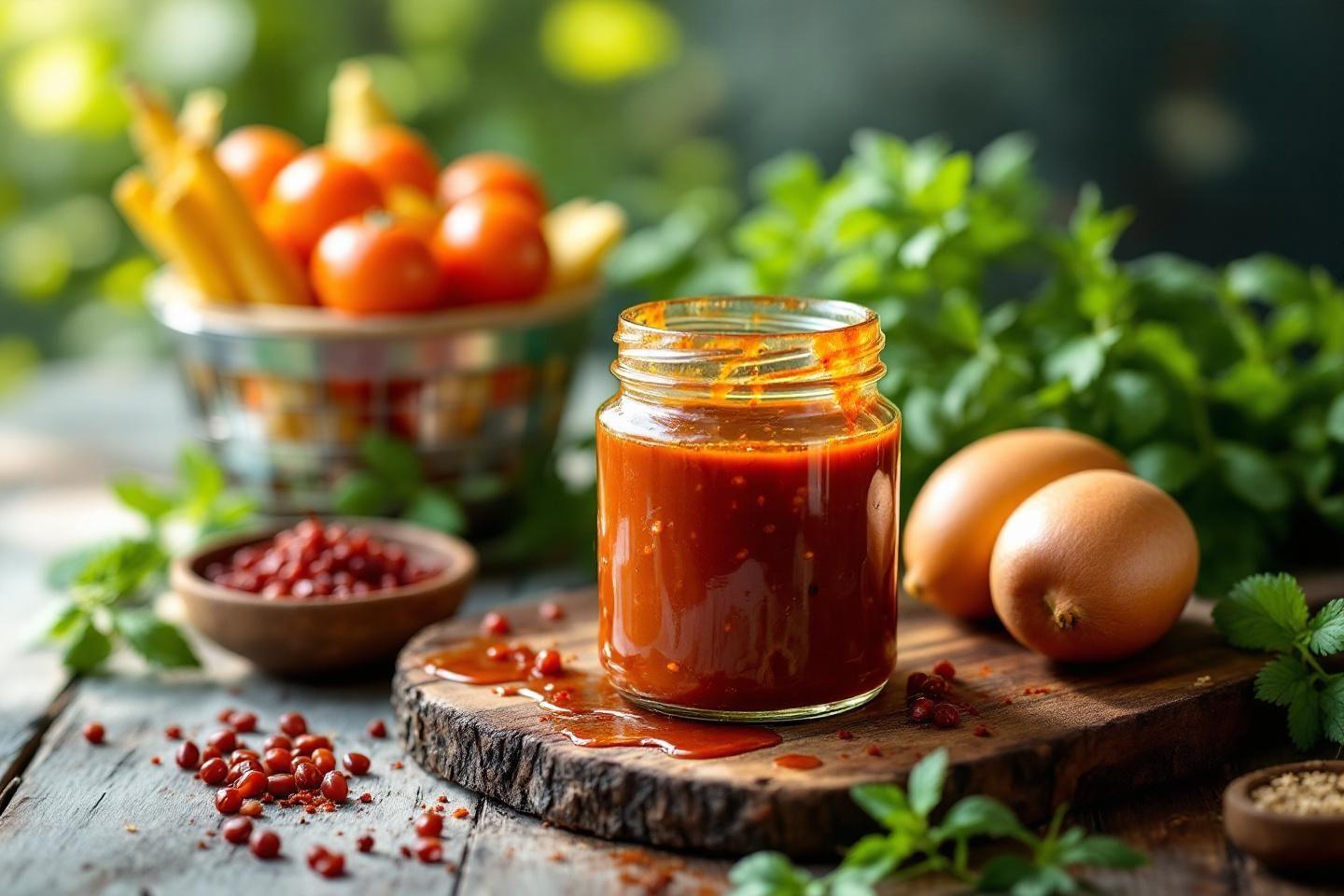 Pot de sauce rouge, tomates, œufs et herbes fraîches