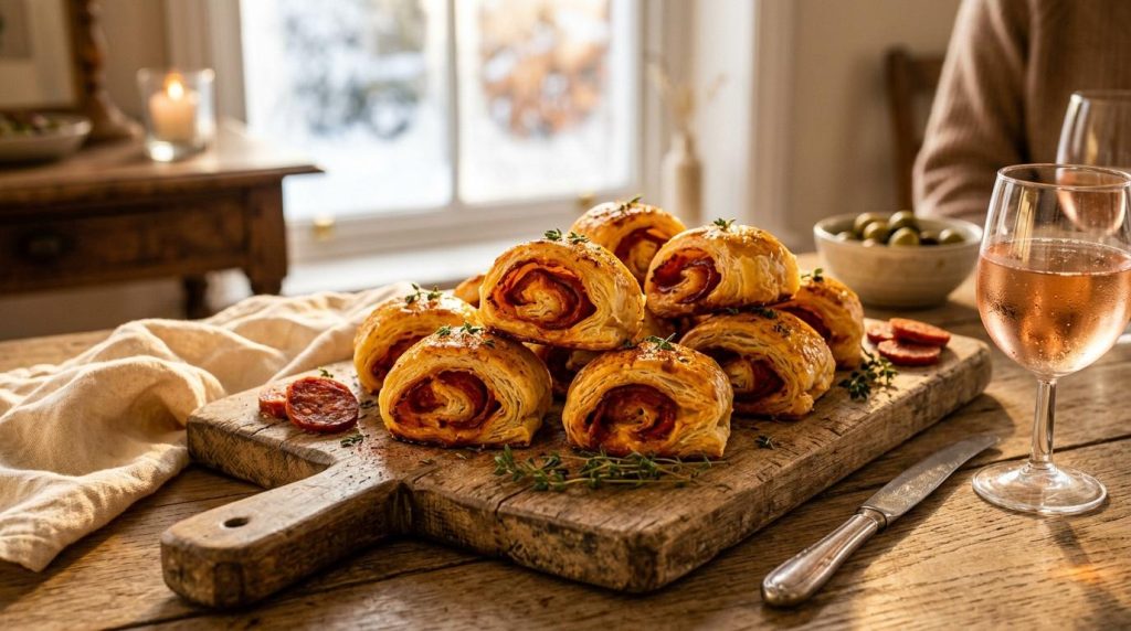 Spirales feuilletées jambon sur planche bois, verre vin blanc