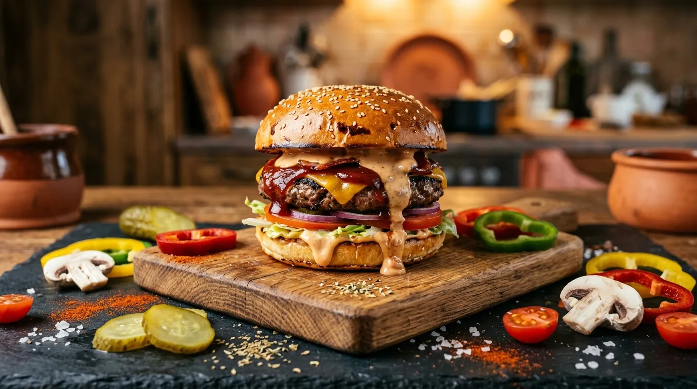 Hamburger garni de fromage, sauce, légumes frais sur planche bois