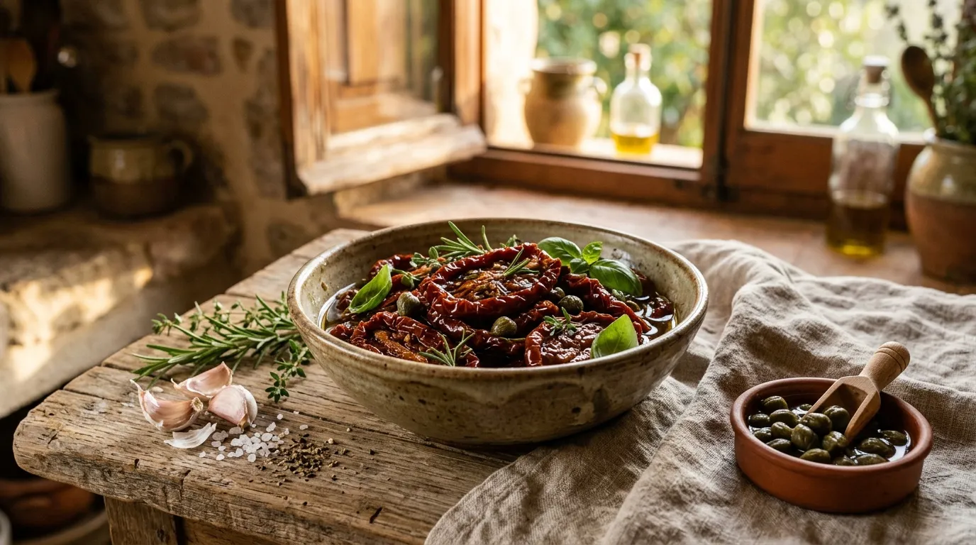 Betteraves rôties et câpres dans une cuisine rustique ensoleillée