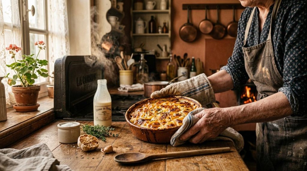 Homme préparant un plat dans une cuisine rustique avec cheminée