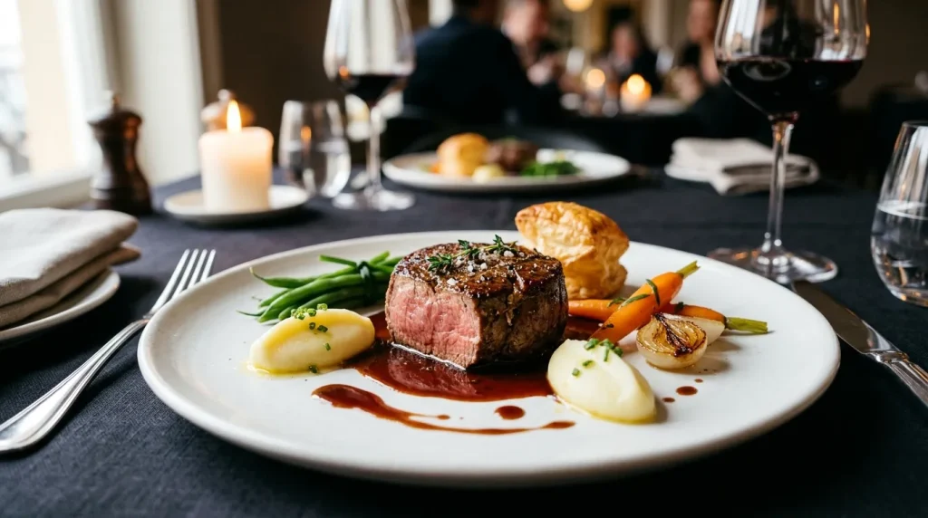Assiette de steak saignant avec légumes et sauce, table dressée