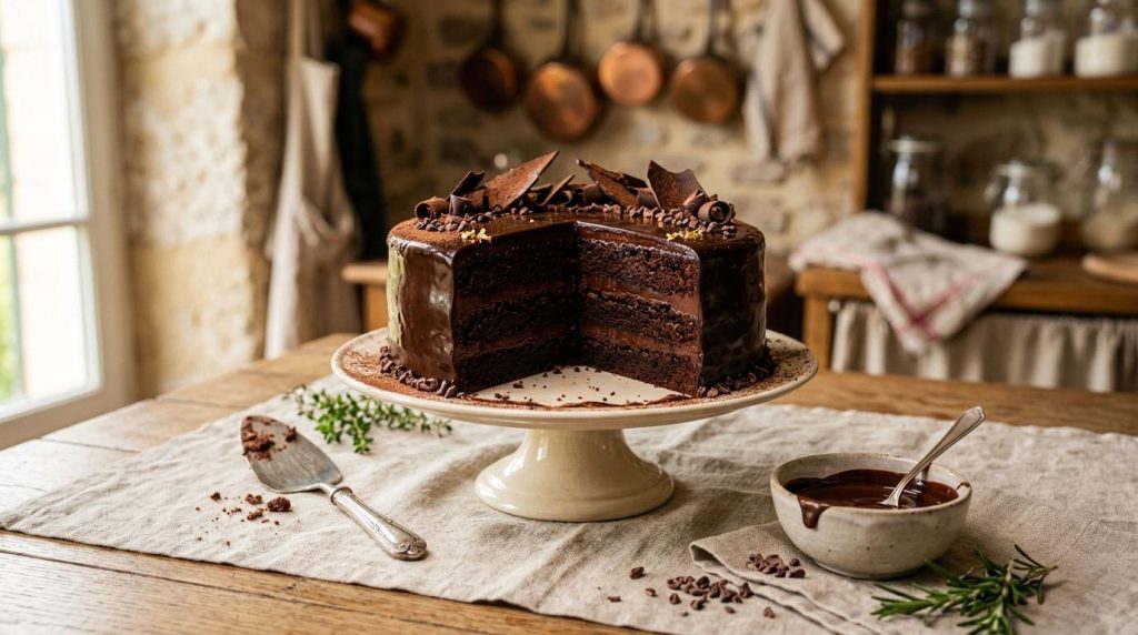 Gâteau chocolat multicouches sur pied, cuisine rustique.