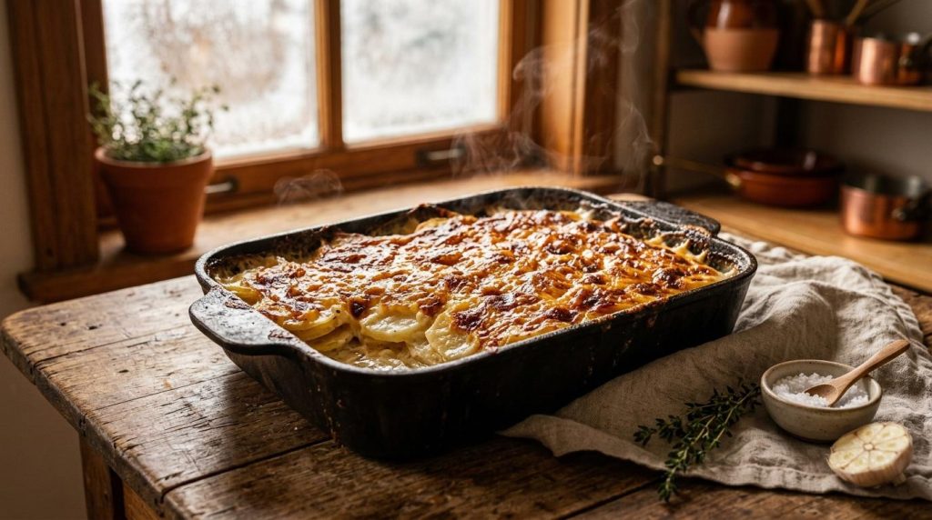 Gratin doré en plat noir sur table rustique ensoleillée