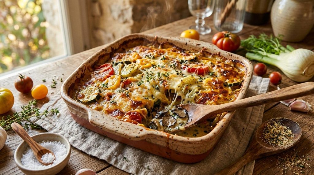 Gratin de légumes cuits au four dans un plat en terre cuite
