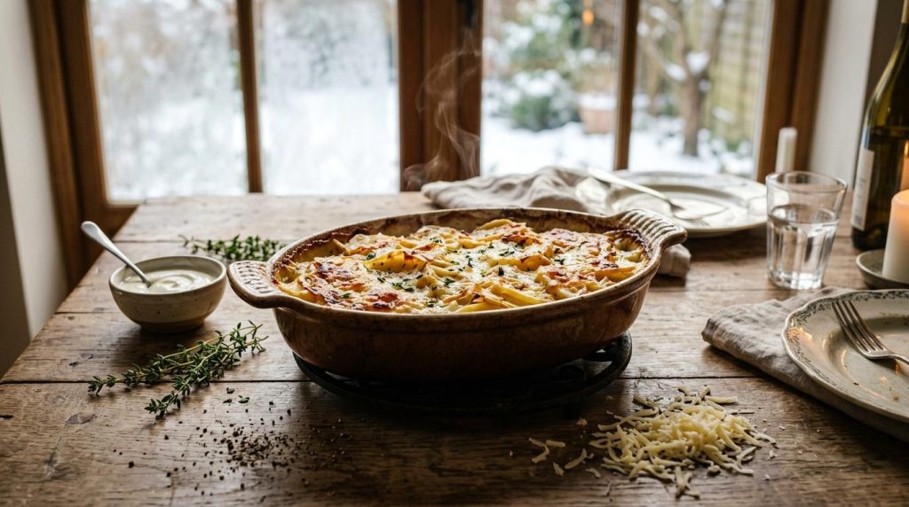 Gratin de pâtes doré servi à table avec herbes fraîches