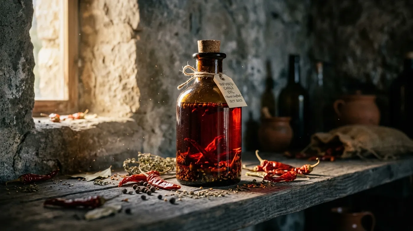 Bouteille d'huile infusée aux piments rouges et épices