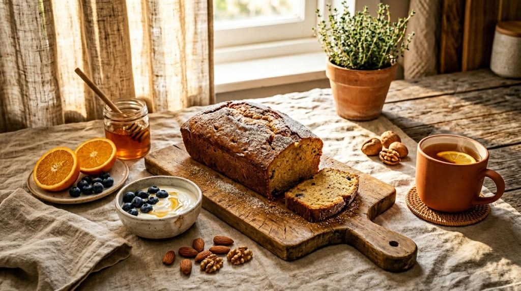 Pain complet, miel, fruits et thé sur table ensoleillée