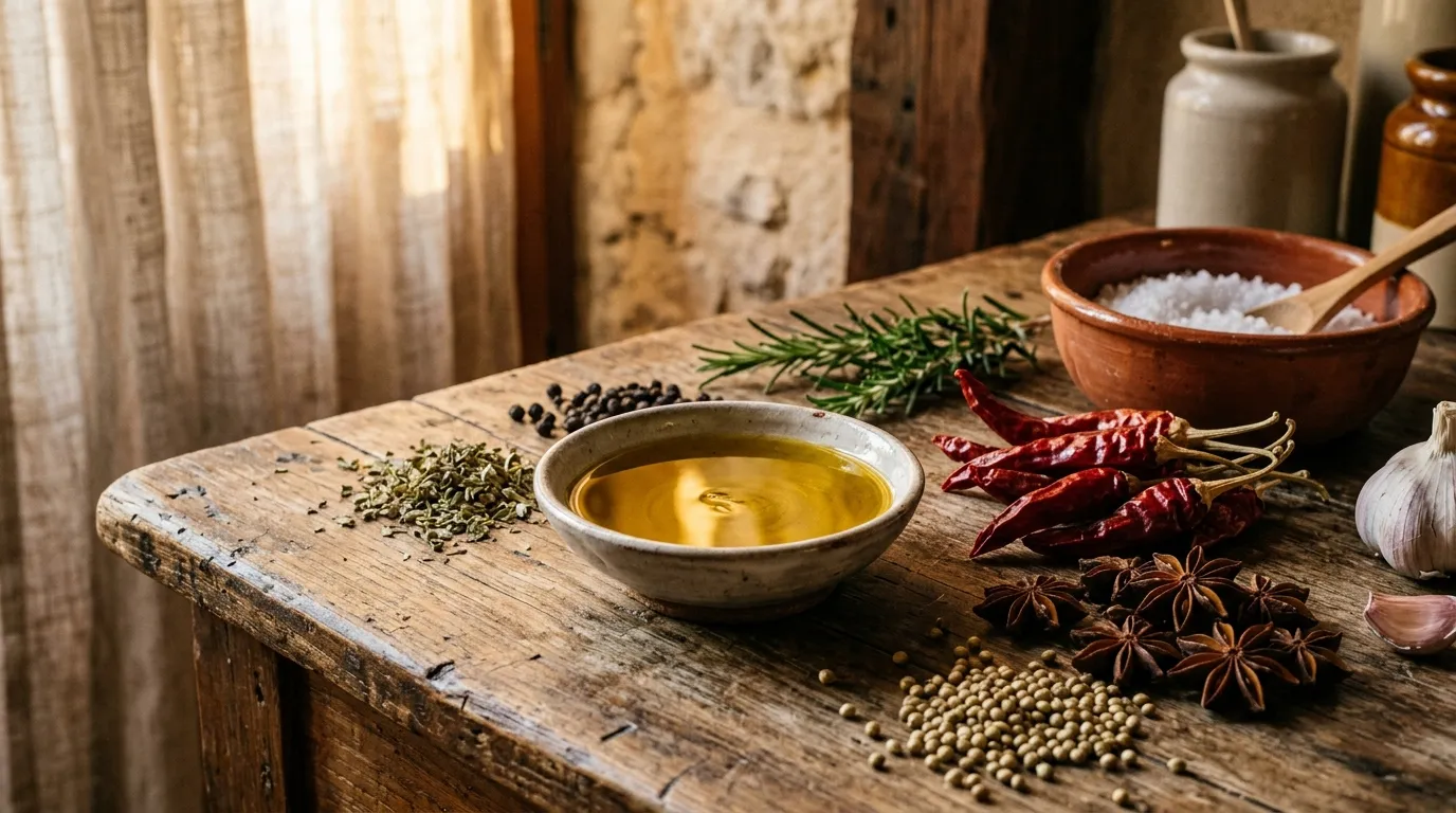 Huile d'olive, épices et sel sur table rustique en bois