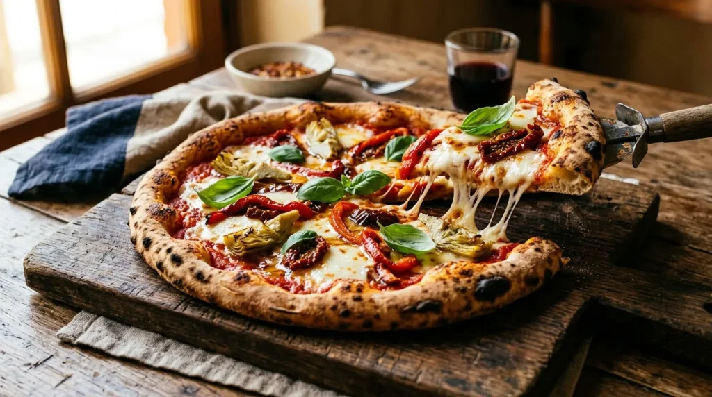 Pizza cuite au four avec fromage fondu, poivrons et basilic frais