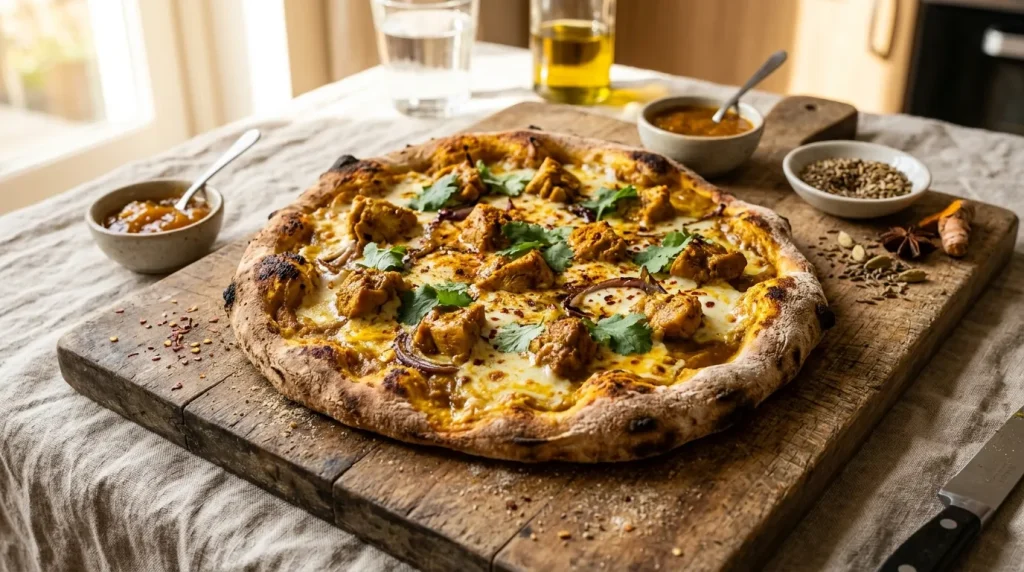 Pizza maison sur planche bois avec herbes fraîches et sauce