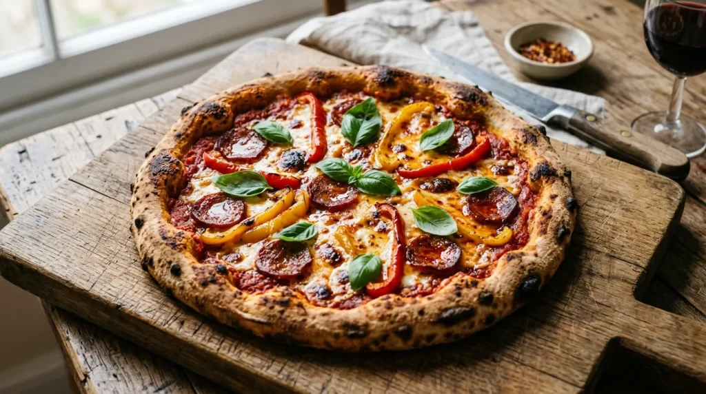 Pizza fraîchement cuite avec pepperoni, poivrons et basilic frais
