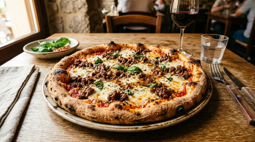 Pizza au four avec viande hachée et fromage fondu