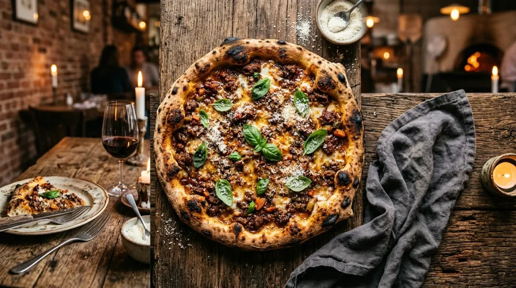 Pizza garnie de viande hachée, fromage et basilic frais
