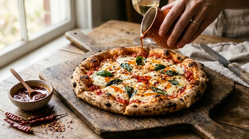 Main versant huile olive sur pizza artisanale décorée herbes