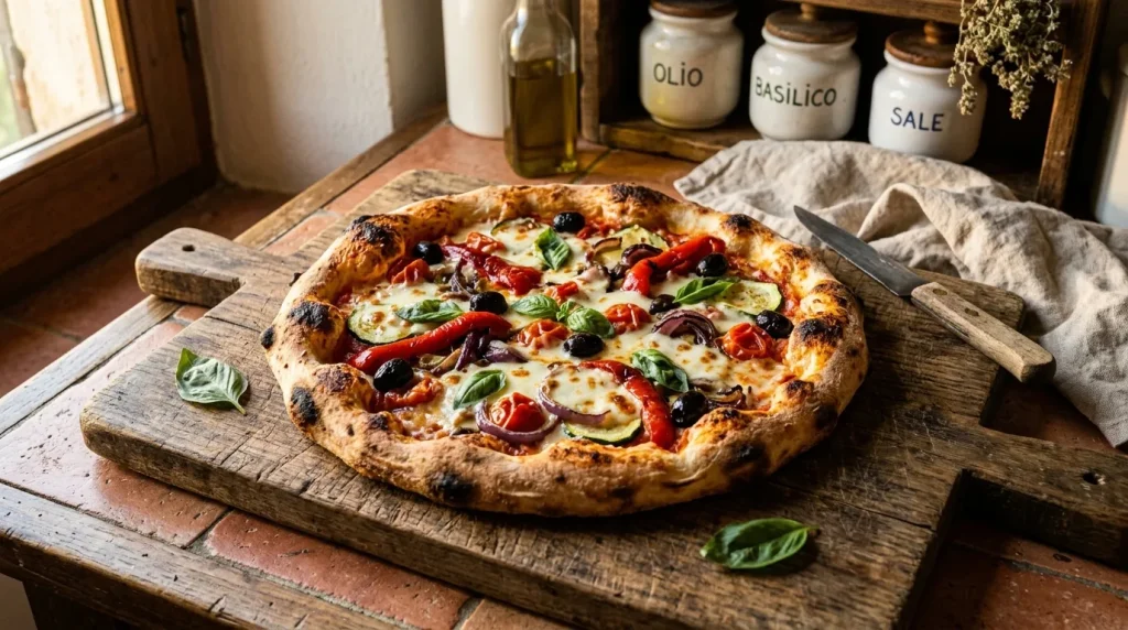 Pizza cuite au four sur planche bois rustique, ingrédients italiens en arrière-plan