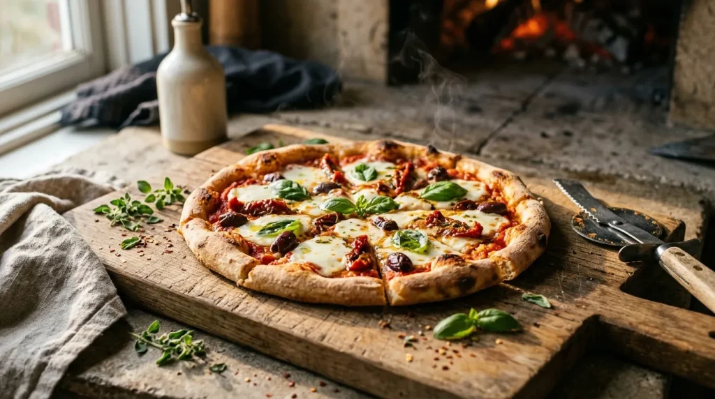 Pizza italienne garnie de mozzarella, tomates et basilic frais