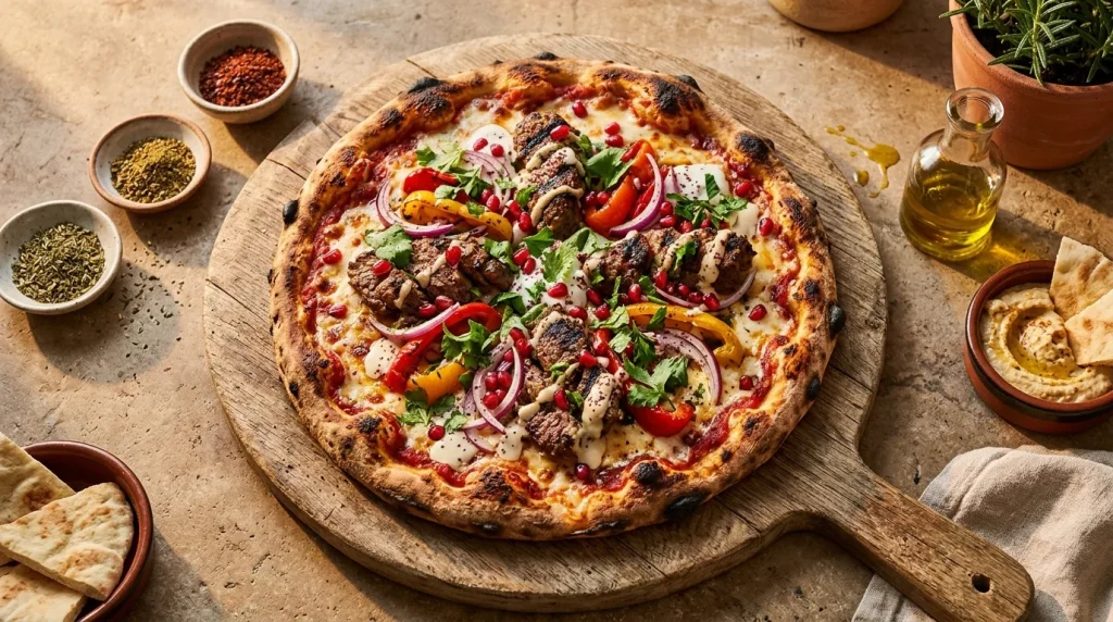Pizza fraîchement cuite avec viande, légumes et herbes fraîches