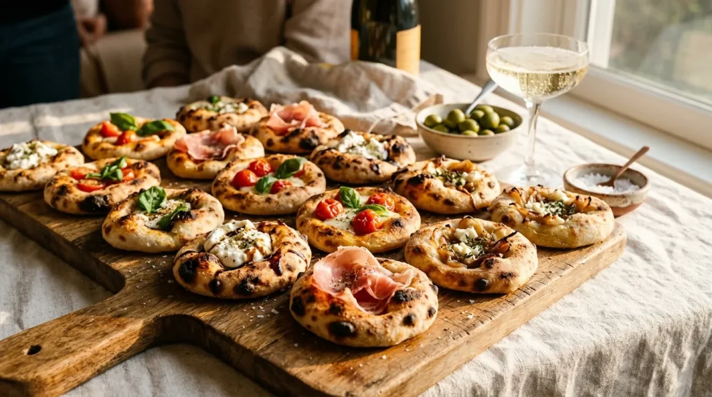 Focaccias variées avec charcuterie, fromage et légumes, vin blanc