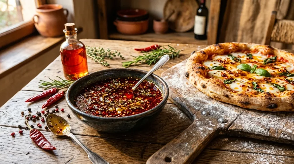 Pizza fraîche, sauce piquante aux épices et herbes aromatiques