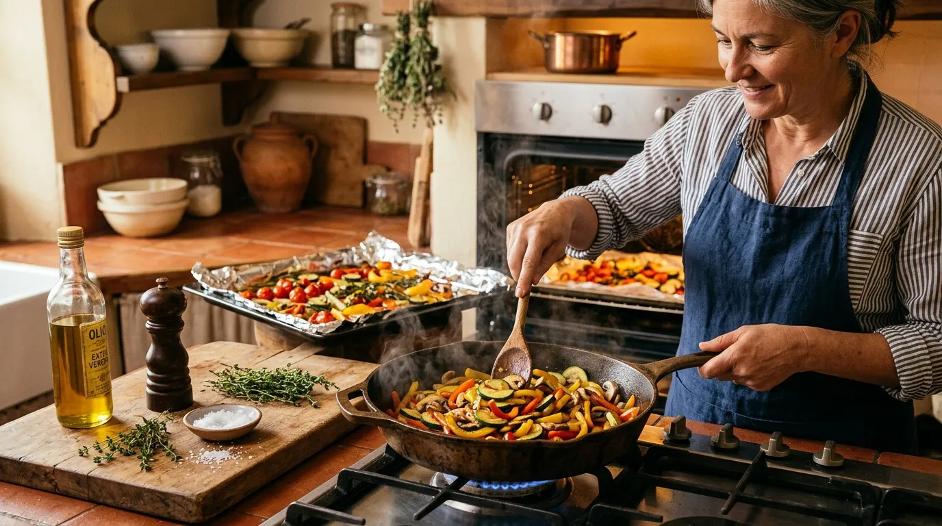Femme cuisinant des légumes colorés à la poêle et au four