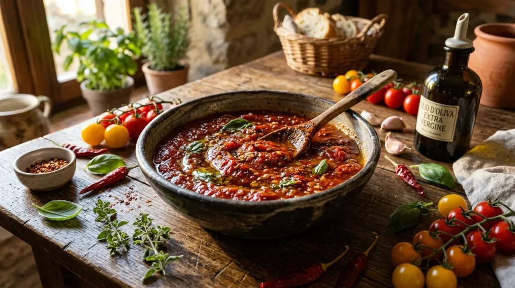 Sauce tomate rouge dans un poêlon avec herbes fraîches et tomates