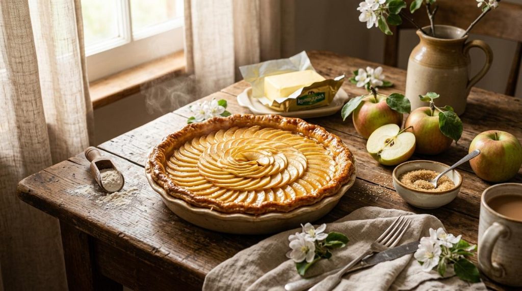 Tarte aux pommes décorée sur table en bois naturel