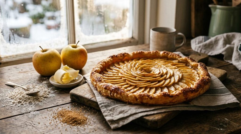 Tarte aux pommes dorée avec pommes fraîches et café chaud
