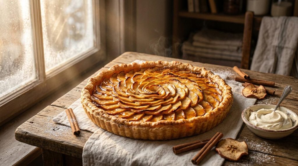 Tarte aux pommes dorée sur table en bois près fenêtre