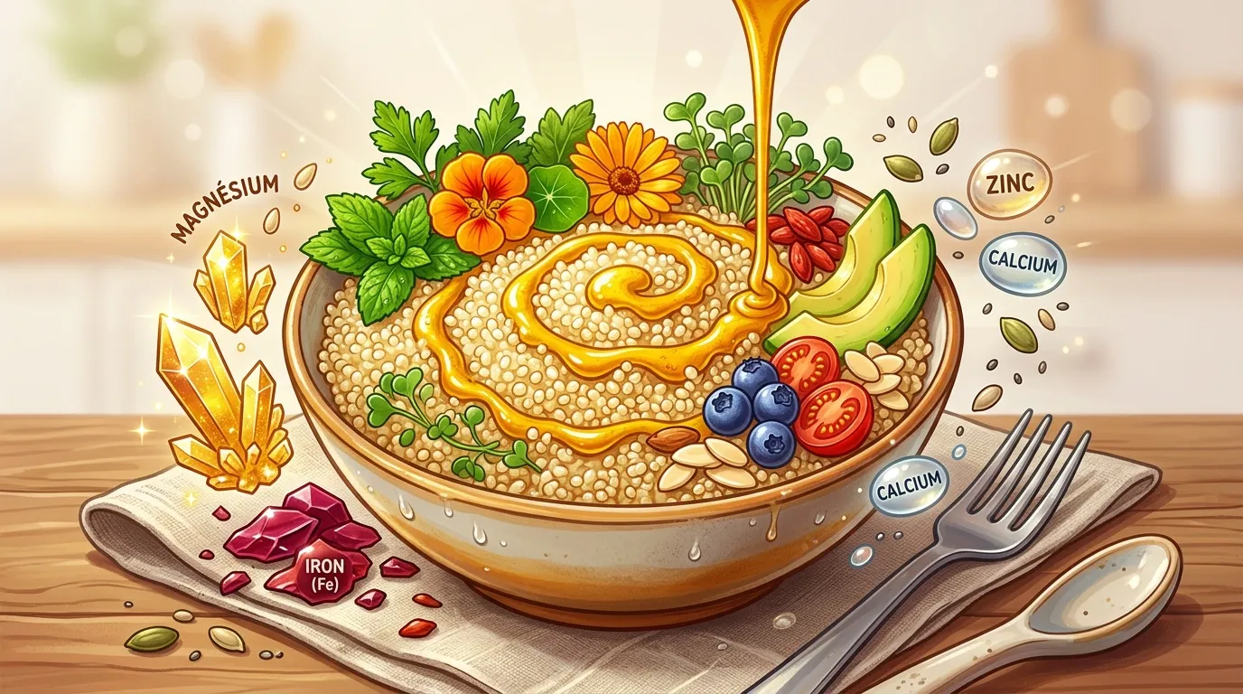 Bol de céréales avec fruits, légumes et minéraux essentiels