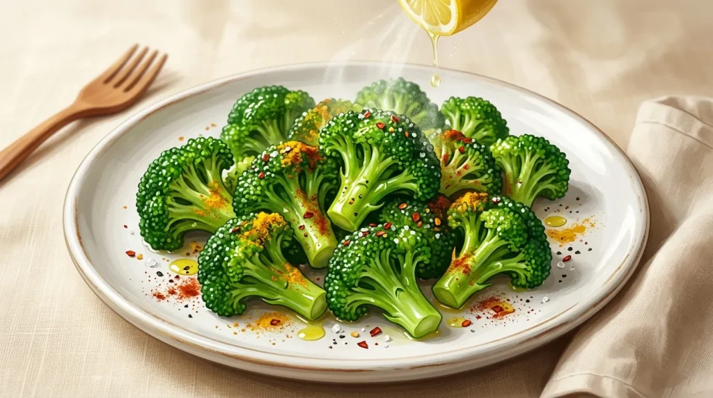 Assiette blanche avec brocoli rôti garni d'épices et citron frais