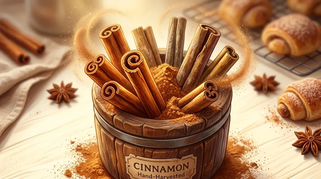 Bâtons de cannelle dorés dans un pot en bois rustique