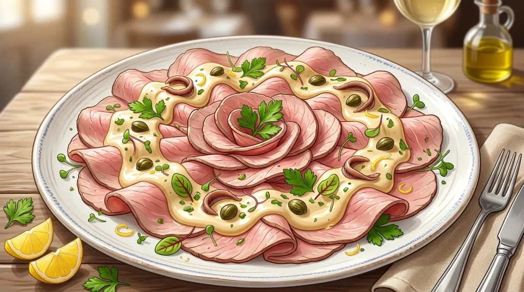 Assiette élégante de viande crue finement tranchée, décorée de sauce et herbes.