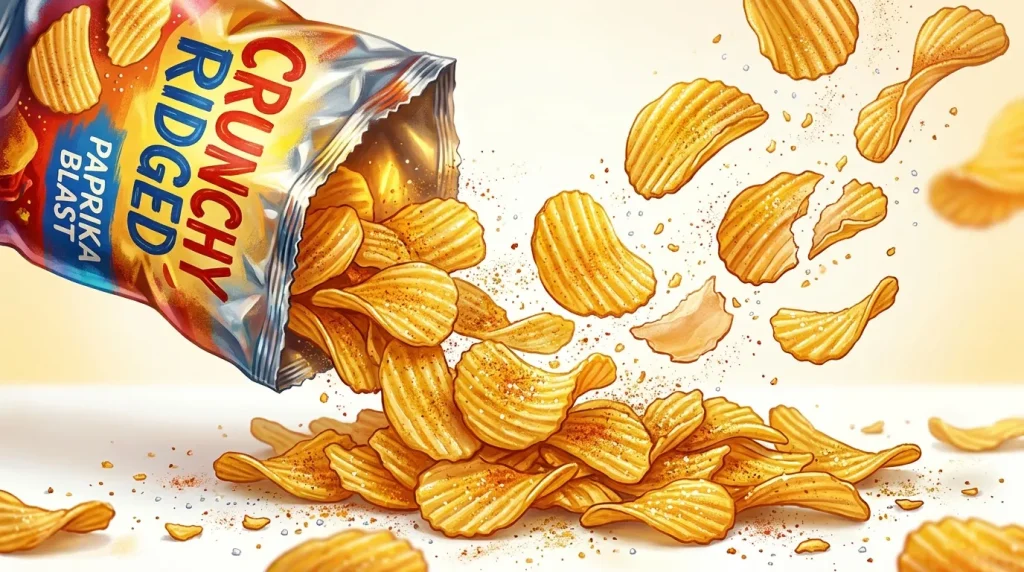 Paquet de chips versant des chips ondulées dorées sur surface blanche