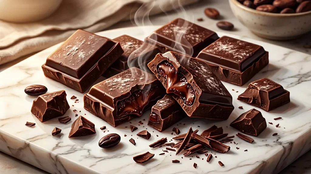Morceaux de chocolat noir sur marbre blanc avec cacao