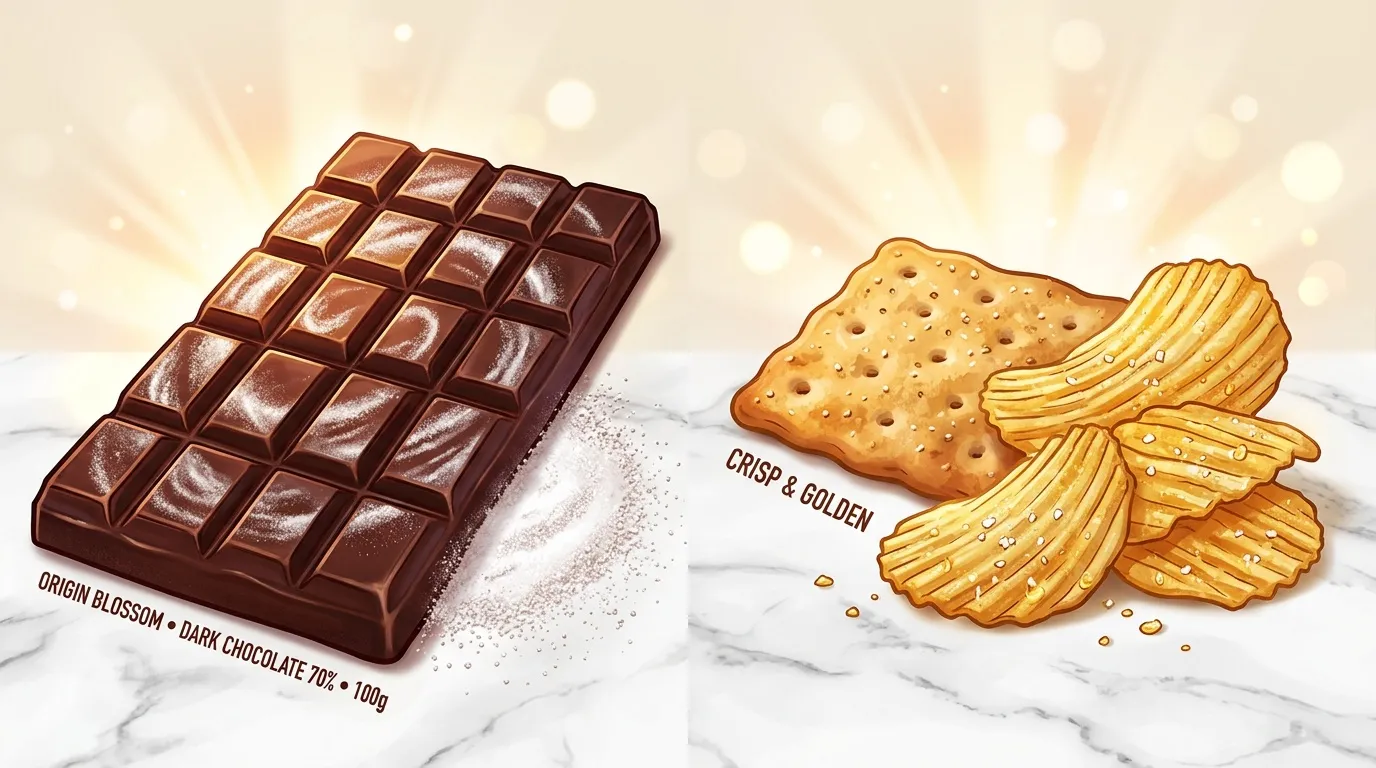 Tablette chocolat 70% et biscuits croustillants sur marbre