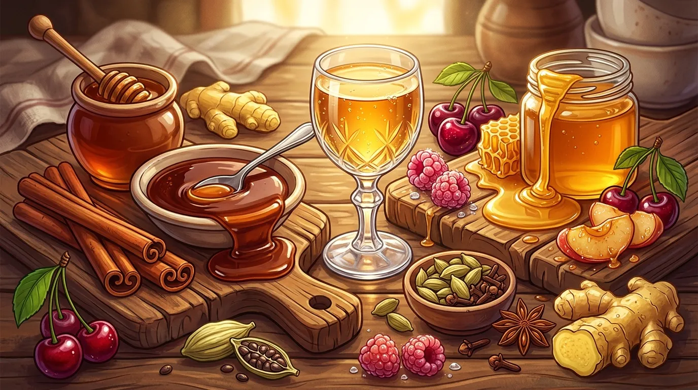 Miel, fruits, épices et gingembre sur table bois.