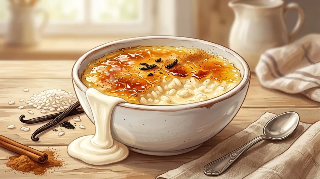 Crème brûlée dorée avec vanille et épices sur table bois