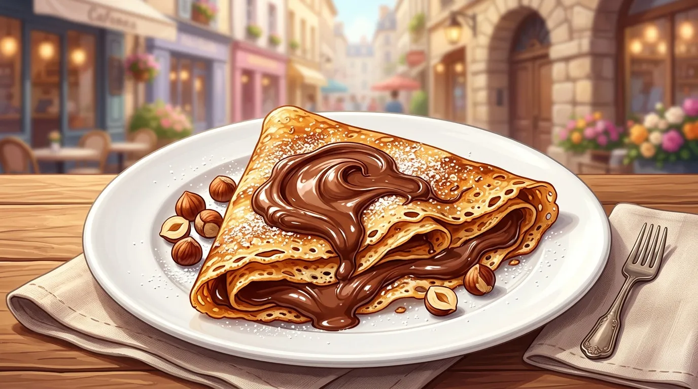 Crêpes fourrées au chocolat avec noisettes sur assiette blanche