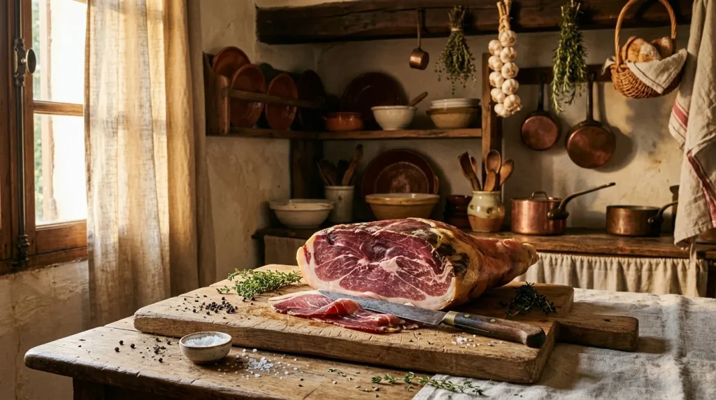 Jambon cru tranché sur planche bois, cuisine rustique traditionnelle