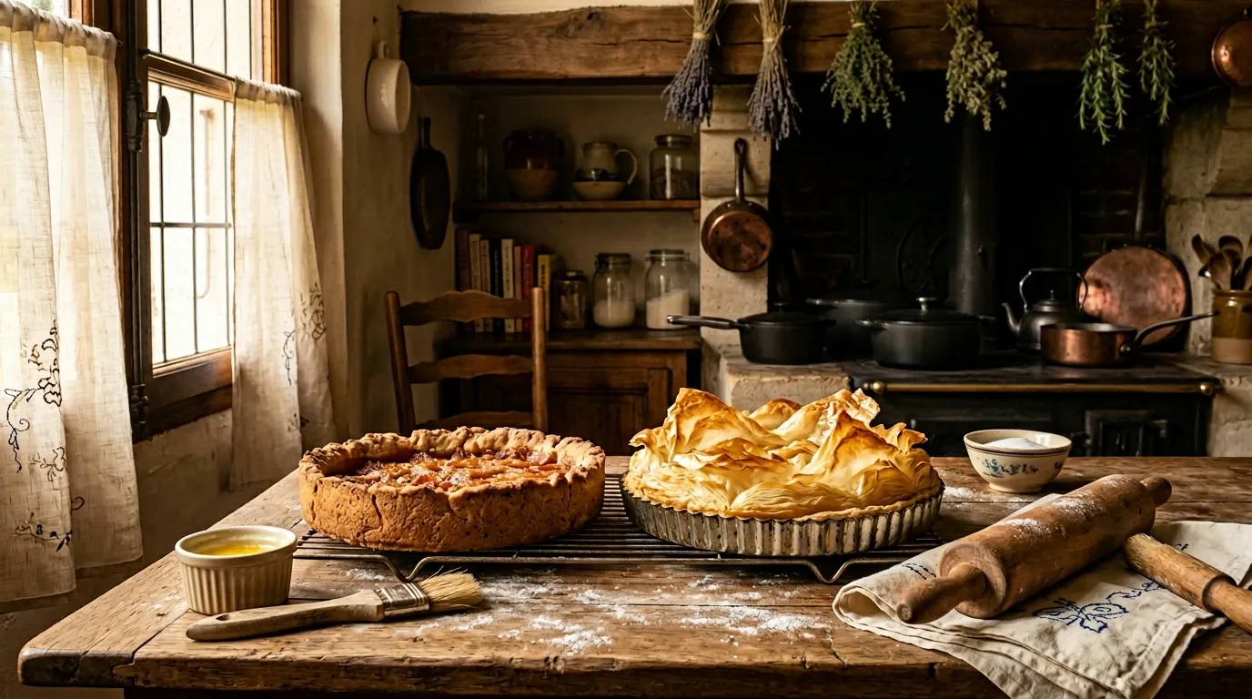 Deux tartes maison sur table de bois dans cuisine ancienne