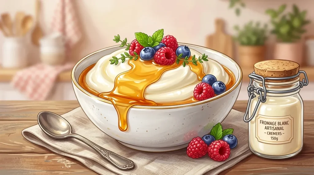 Bowl de crème blanche garnie miel, fruits rouges et myrtilles