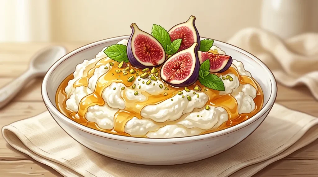 Bol de crème fouettée garni de figues et pistaches