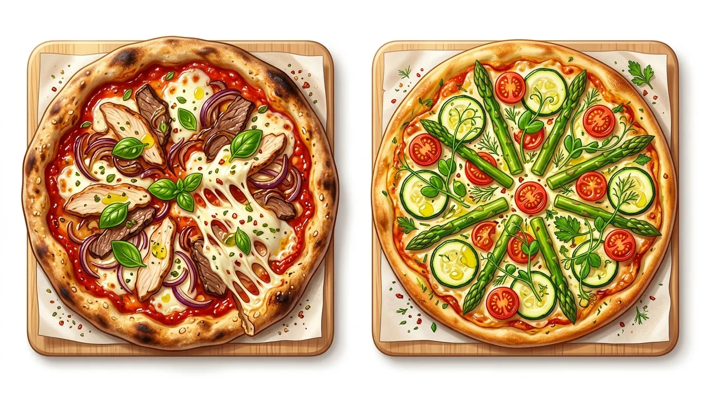 Pizza viande et pizza légumes sur planches en bois