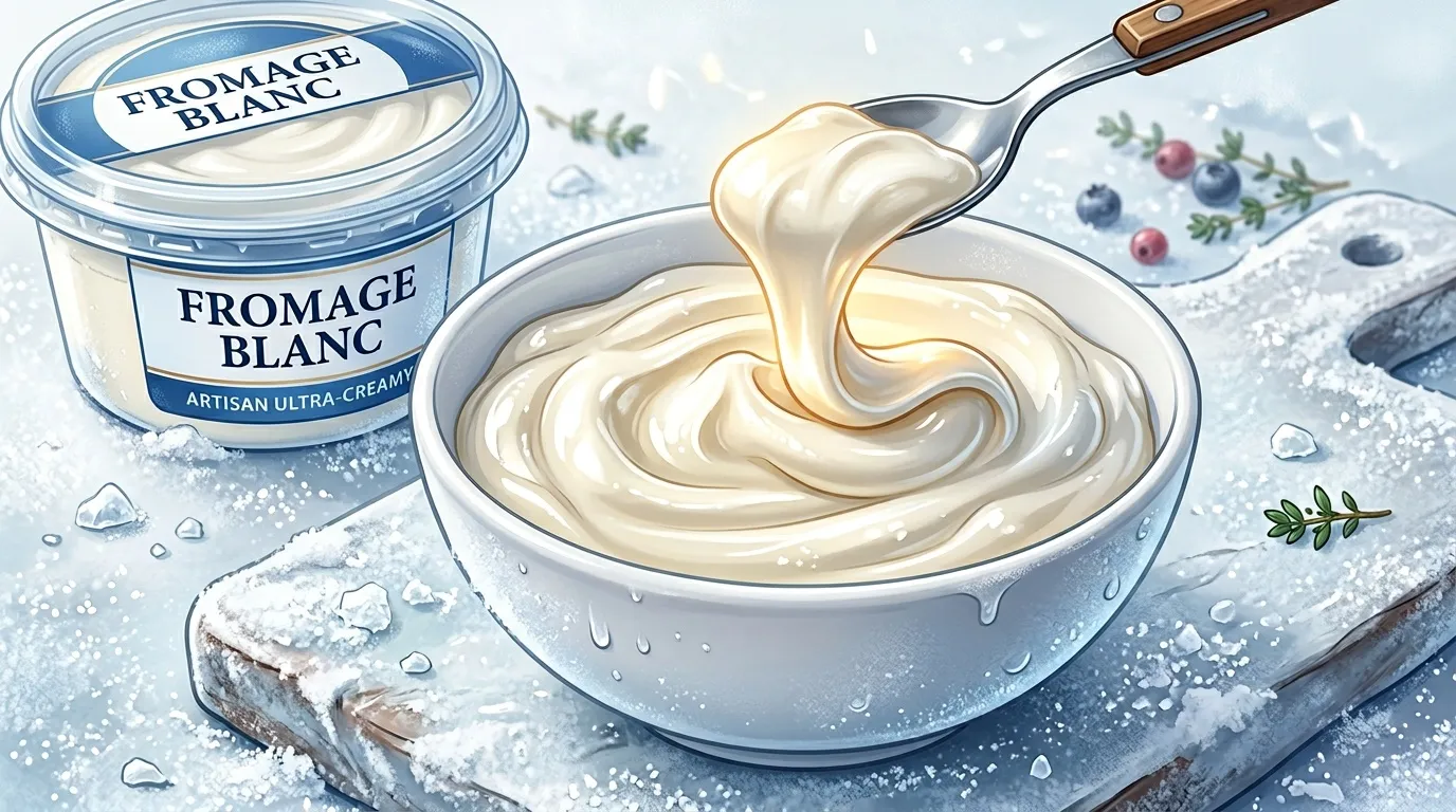 Cuillère versant du fromage blanc crémeux dans un bol