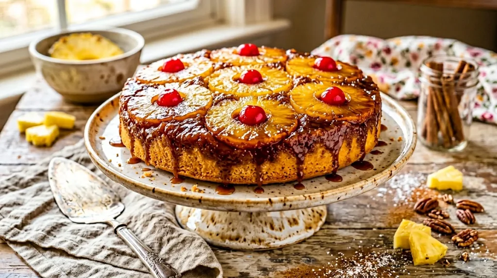 Gâteau doré aux ananas et cerises avec glaçage caramel